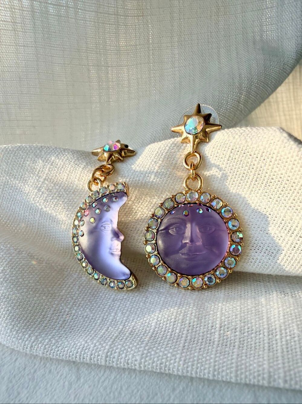 Celestial Purple Sun Moon Crystal Mismatched Drop Earrings